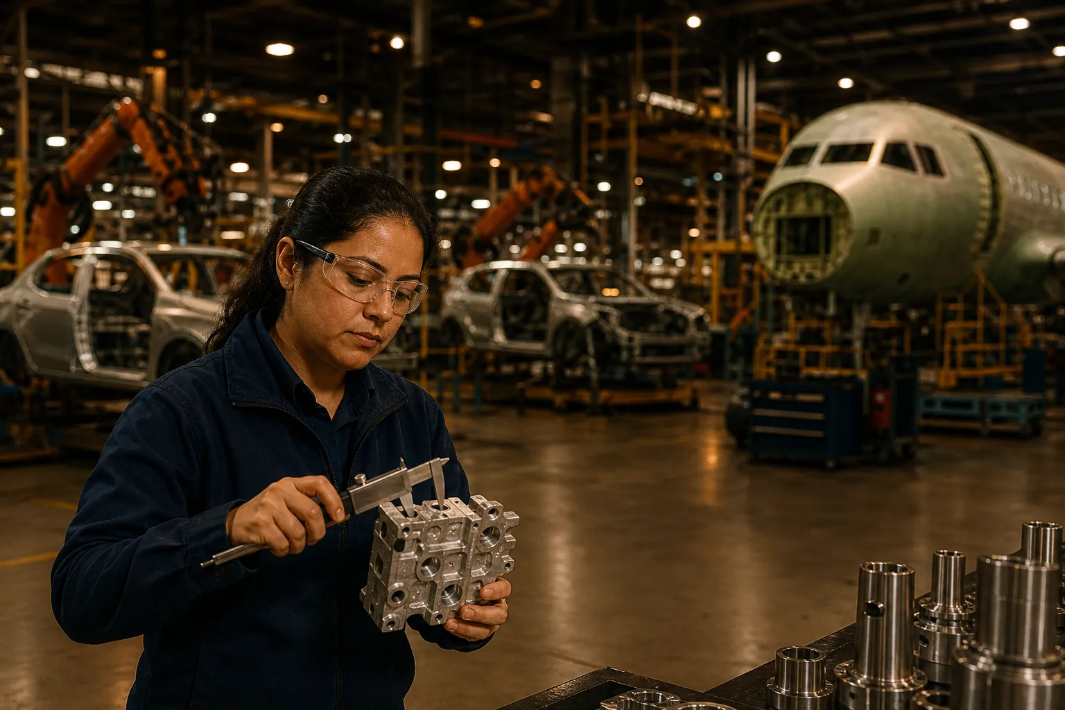 Ingeniera de calidad inspeccionando una pieza en planta automotriz y aeroespacial